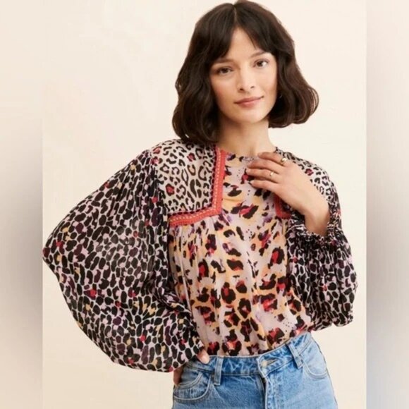 ANTHROPOLOGIE BL^NK London Joelle Leopard Print Peasant Bohemian Top - Picture 1 of 8
